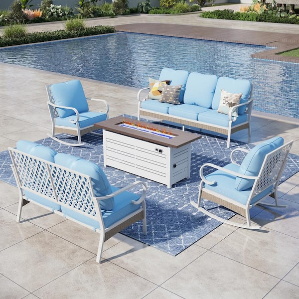PHI VILLA White 5-Piece Metal Outdoor Patio Conversation Seating Set with Rocking Chair, 50000 BTU Fire Pit Table and Blue Cushion