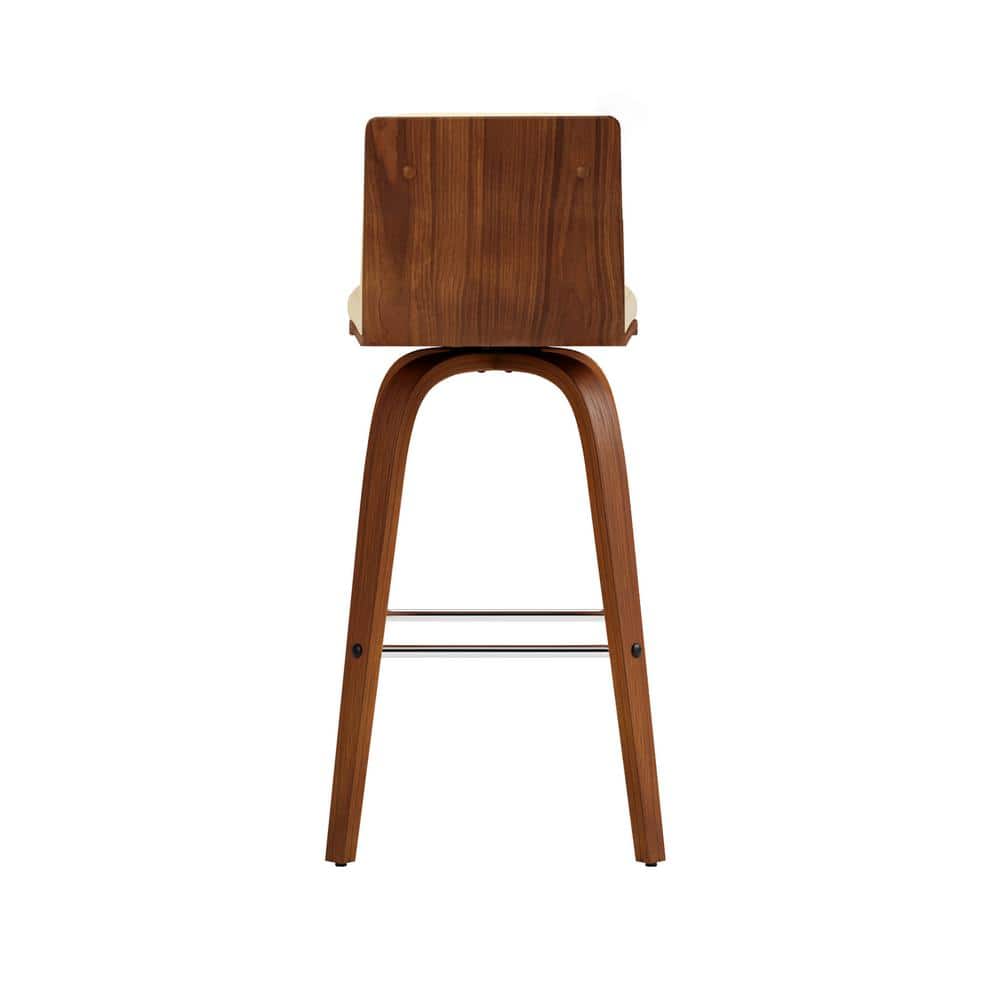 26" Cream Faux Leather and Walnut Wood Swivel Bar Stool