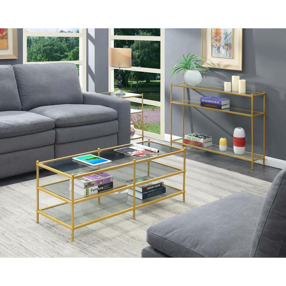 Elegant Gold-Finish 3-Tier Glass Coffee Table, 48" Rectangular