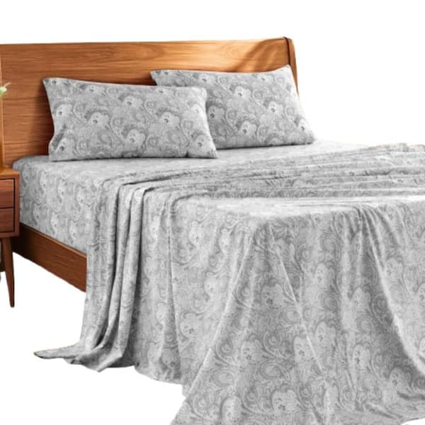 Lux Decor 4-Piece White Gray Paisley Microfiber Queen Upto 16 in. Deep Pocket Easy Care Sheet Set