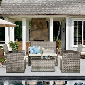 3-Piece Rattan Wicker Patio Conversation Set Outdoor Table and Chairs with Cushions