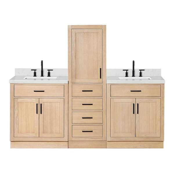 Hepburn 3-Piece 80 in. Wide Double Sink Bath Vanity And Linen Cabinet Set In Oak With Carrara White Quartz Top