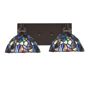 Albany 16.25 in. 2-Light Espresso Vanity Light with Blue Mosaic Art Glass Shades