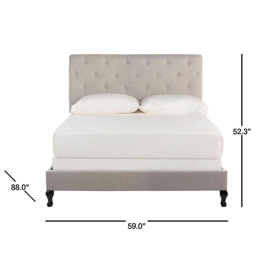 Transitional Beige Linen Full Platform Bed with Tufted Nailhead Headboard