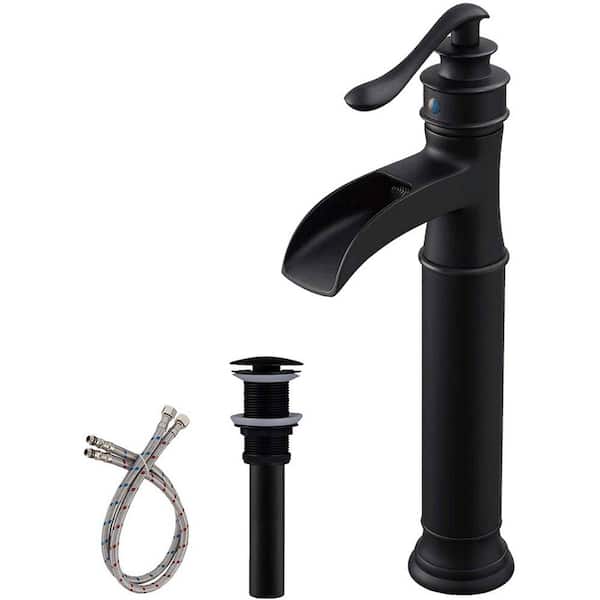 FLG Single Handle Waterfall Bathroom Vessel Sink Faucet Single Hole Brass Tall High Tap with Pop-Up Drain Kit in Matte Black