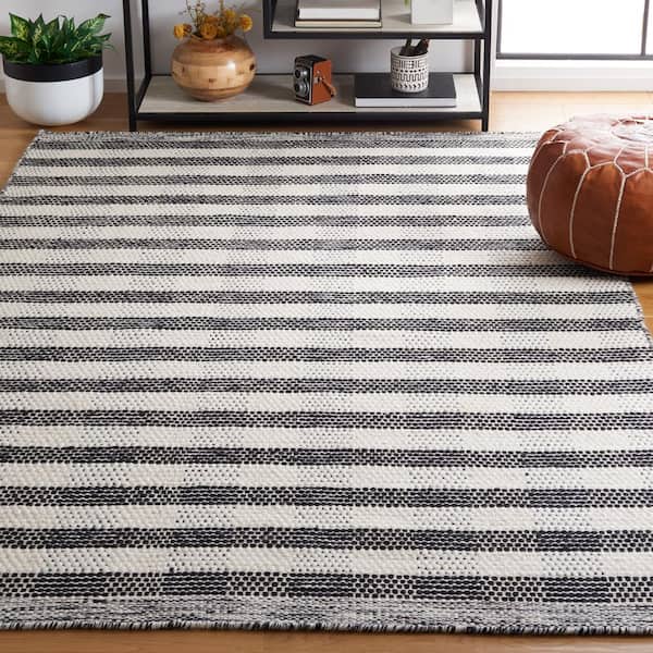 Striped Kilim Black Ivory 5 ft. x 8 ft. Plaid Area Rug