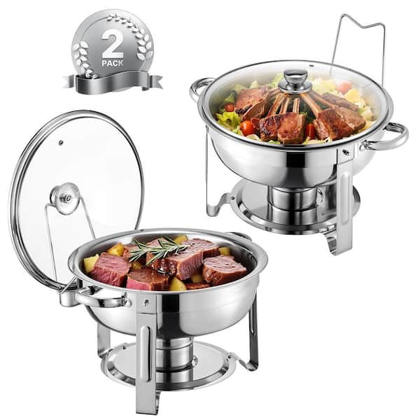 5 qt. Chafing Dish Set, 2 Pack Stainless Steel Round Buffet Chafer with Full Size Pans, Glass Lid, Water Pan, Silver