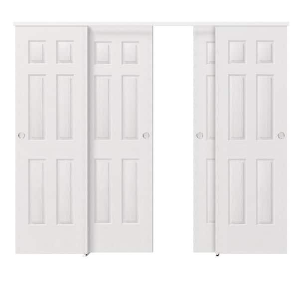 96 in. x 80 in. White 6-Panel MDF Sliding Door Panels with Handle, Hardware Track Kit and Floor Guide, Finished Doors
