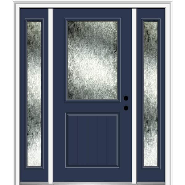 MMI DOOR Rain Glass 60 in. x 80 in. Left-Hand Inswing Painted Revival Blue Fiberglass Prehung Front Door on 6-9/16 in. Frame