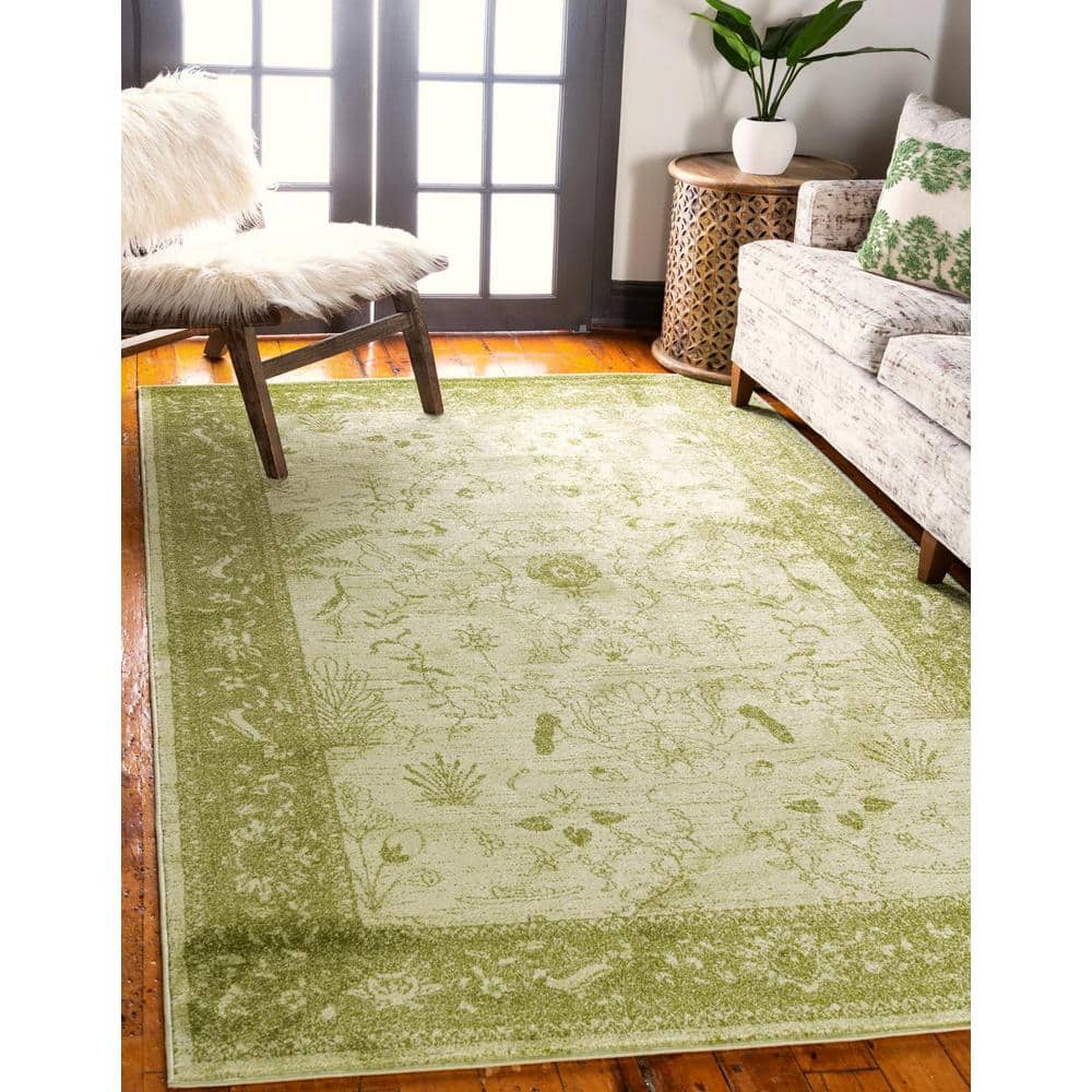 Light Green Floral Synthetic Rectangular Area Rug, 5 x 8 ft