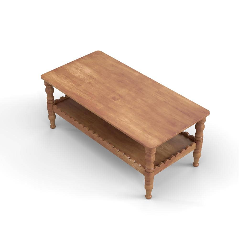43.3" Brown Rectangle 2-Tier Solid Wood Coffee Table with Storage Shelf, Rectangle Center Sofa Table for Living Room