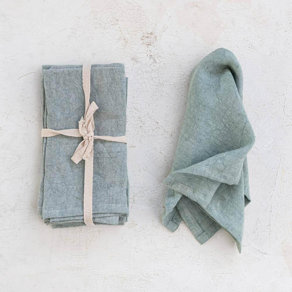 Mint Green Stonewashed Linen 18'' Square Dinner Napkins, Set of 4
