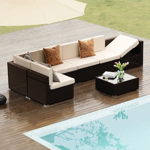 Brown 7-Piece Wicker Outdoor Sectional Set with Coffee Table and Beige Cushions