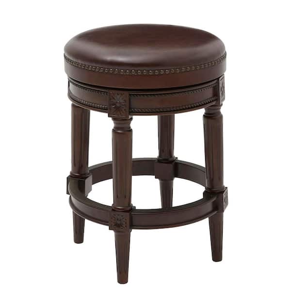 Chapman 26 in. Distressed Walnut Backless Wood Swivel Counter Stool with Brown Faux Leather Seat, 1-Stool