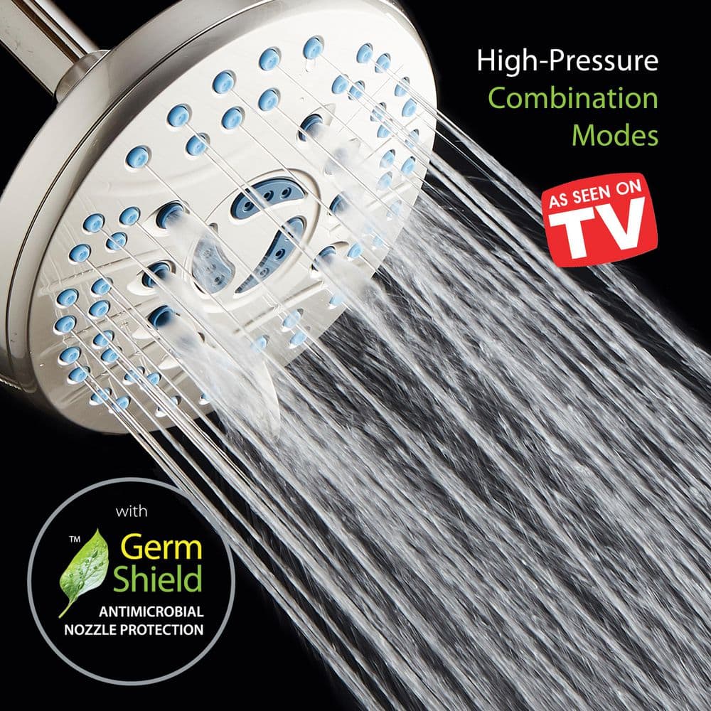 6-Setting Nickel Rainfall Shower Head with Anti-Clog Nozzles