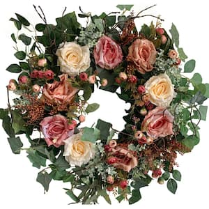 26 in. Unlit Green Artificial Wreath with Roses