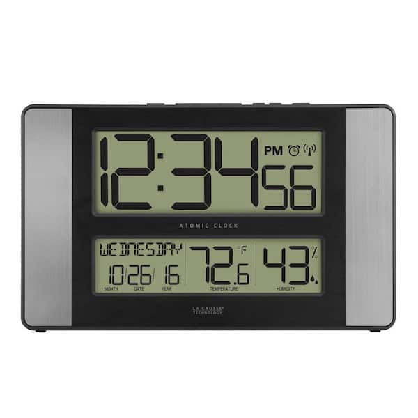 La Crosse Technology 11 in. x 7 in. Atomic Digital Clock with Temperature and Humidity in Aluminum Finish