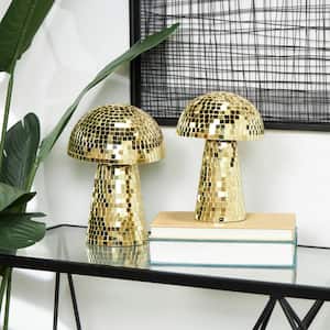 Gold Glass Handmade Mosaic Mirrored Mushroom Sculpture (Set of 2)