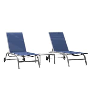 Blue Chaise Lounge Outdoor Lounge Chairs for Outside with Wheels and 5 Adjustable Position (Set of 3)