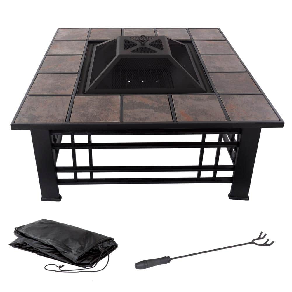 Pure Garden 32 in. Steel Square Tile Fire Pit with Spark Screen and Poker  M150121 - The Home Depot