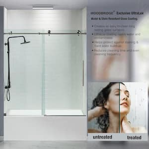 60 in.W x 62 in. H Sliding Frameless Tub Door with Soft Close System and 3/8 in. Clear Glass in Brushed Nickel