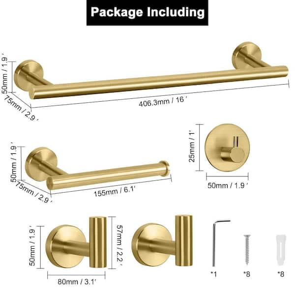 5-Piece Stainless Steel Bathroom Hardware Set with 16 in. Towel Bar, Toilet Paper Holder and Hooks in Brushed Gold