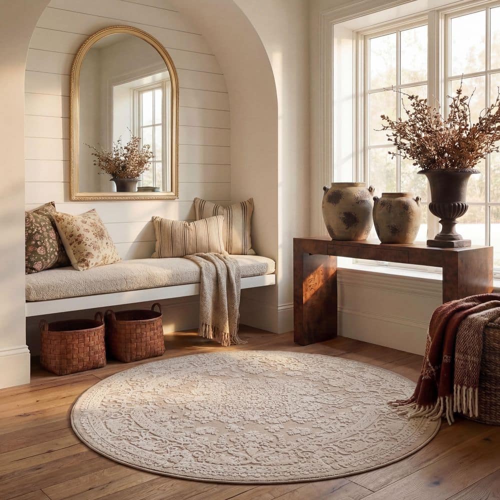 Reflection 3 ft. x 3 ft. Round Beige/Cream Floral Border Area Rug price history on PriceWatchPro