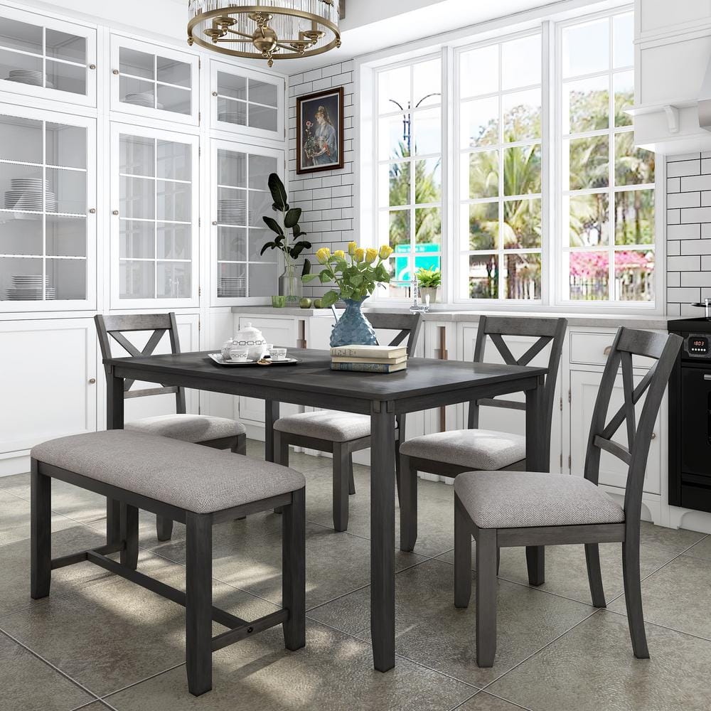Harper & Bright Designs 6-Piece Wood Top Gray Dining Table Set with 4 ...