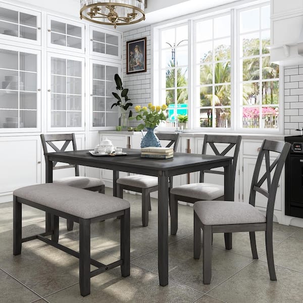 6 Piece Wood Top Gray Dining Table Set, Bench Style Kitchen Table Sets