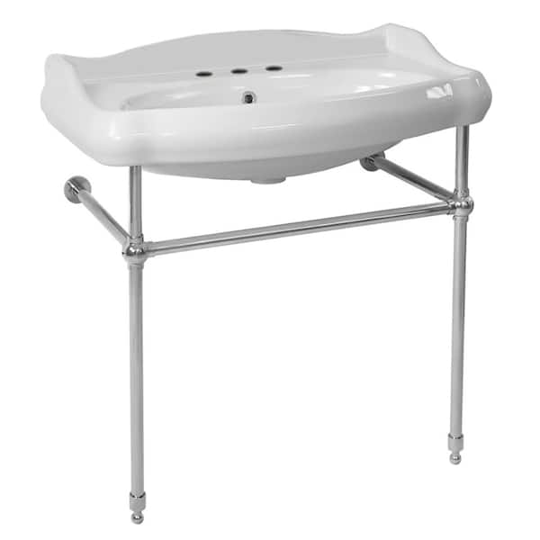 Nameeks 1837 Ceramic Console Bathroom Sink in White with 3 Faucet Holes and Chrome Stand