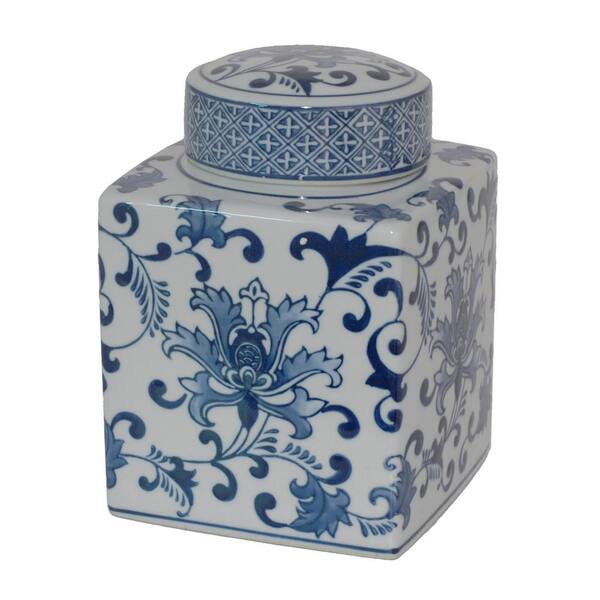 THREE HANDS Blue and White Porcelain Jar with Lid - 8.25" H