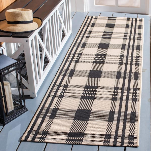Courtyard Black/Bone 2 ft. x 16 ft. Runner Plaid Solid Color Indoor/Outdoor Area Rug