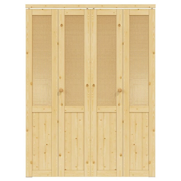 60 in. x 80 in. Paneled Solid Core Unfinished Pine Wood and Imitated Rattan Weaving Bi-fold Door with Hardware