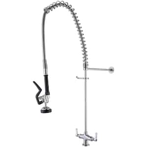 Commercial Restaurant Pull Down 2-Handle Deck Mount Pre-Rinse Spray Utility Kitchen Faucet Space Saver in Chrome
