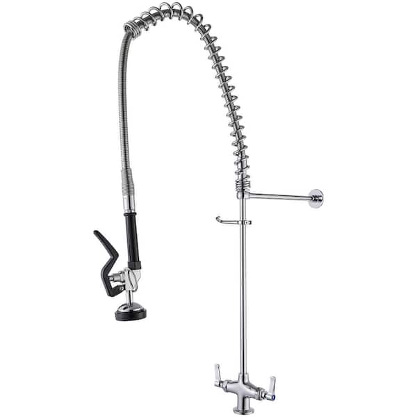 BWE Commercial Restaurant Pull Down 2-Handle Deck Mount Pre-Rinse Spray Utility Kitchen Faucet Space Saver in Chrome