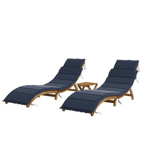 Brown Wood Outdoor Extended Chaise Lounge with Navy Cushions and Foldable Tea Table