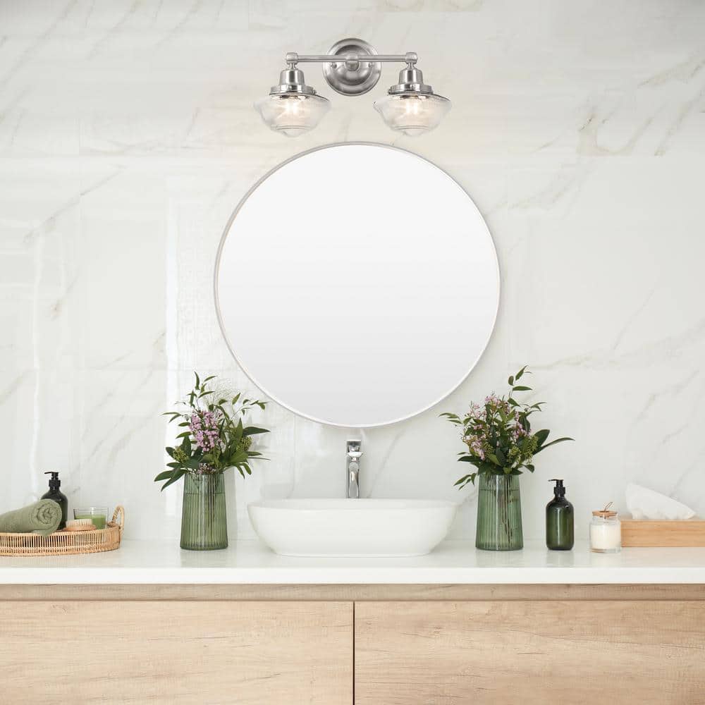 Vintage Seedy Glass Schoolhouse 2-Light Vanity in Satin Nickel