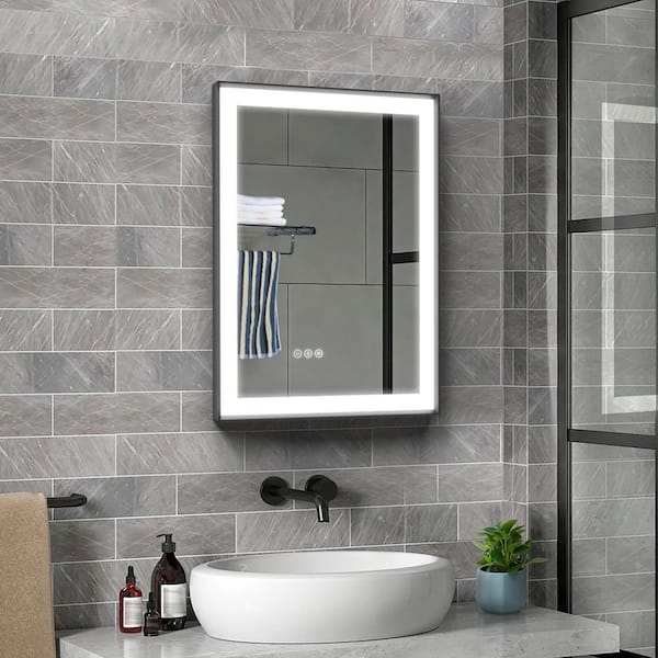 Elevatehome 20 in. W x 28 in. H Rectangular Black Framed Anti-Fog LED Dimmable 3CCT Light Modern Wall Bathroom Vanity Mirror