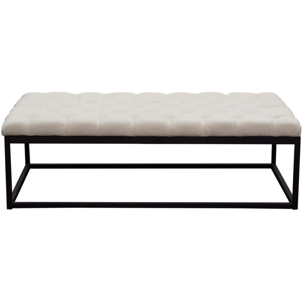 Large Beige Linen Upholstered Bench with Black Metal Base