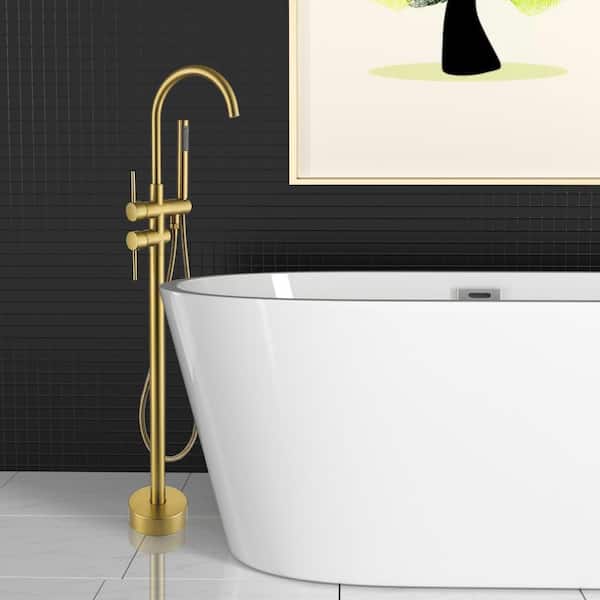 2-Handle Floor Mounted Freestanding Residentail Tub Faucet with Hand Shower in Brushed Brass