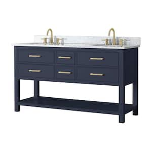 Brooks 61 in. Double Sink Navy Blue Bath Vanity with Carrara White Marble Top