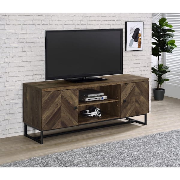 Coaster Myles Rustic Oak Herringbone 2-Door TV Stand Fits TV's up to 65 in. with Adjustable Shelves