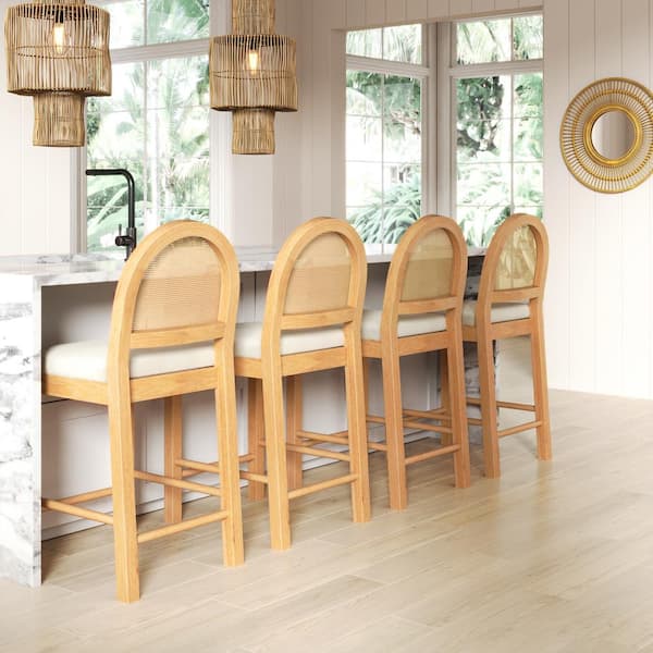 Bailey 24 in. Upholstered Boucle Rattan and Wood Counter Height Bar Stool w/ Woven Back Cream Boucle/Warm Pine, Set of 4