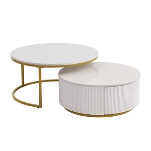 Kumasinova Modern Round Nesting Coffee Table Set Of 2,27.6" Fluted Sofa Side Table Combo With Drawer,Living Room Accent Tables,Black