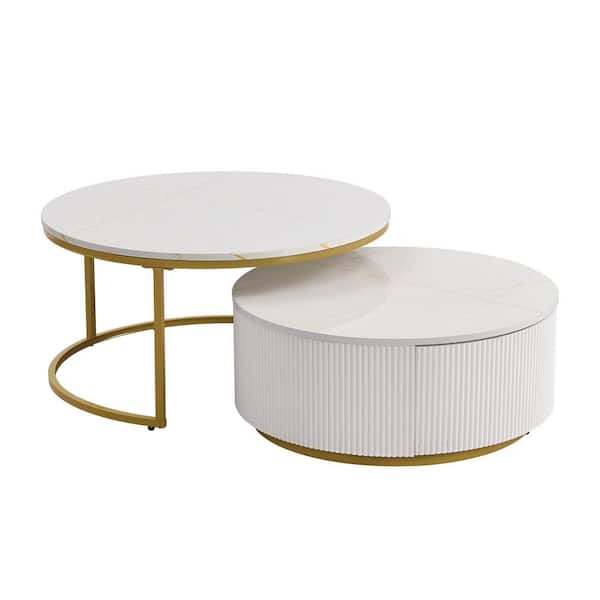 White Modern Wood Round Nesting Coffee Table Fluted with Drawer