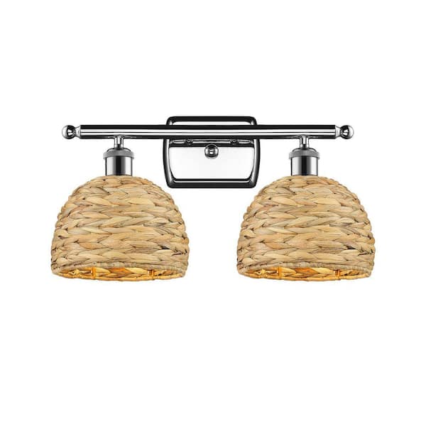 Woven Rattan 18 in. 2-Light Polished Chrome Vanity Light with Rattan Shade
