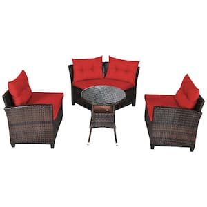 4-Pieces Wicker Patio Furniture Set Outdoor Rattan Sectional Sofa Set with Red Cushions