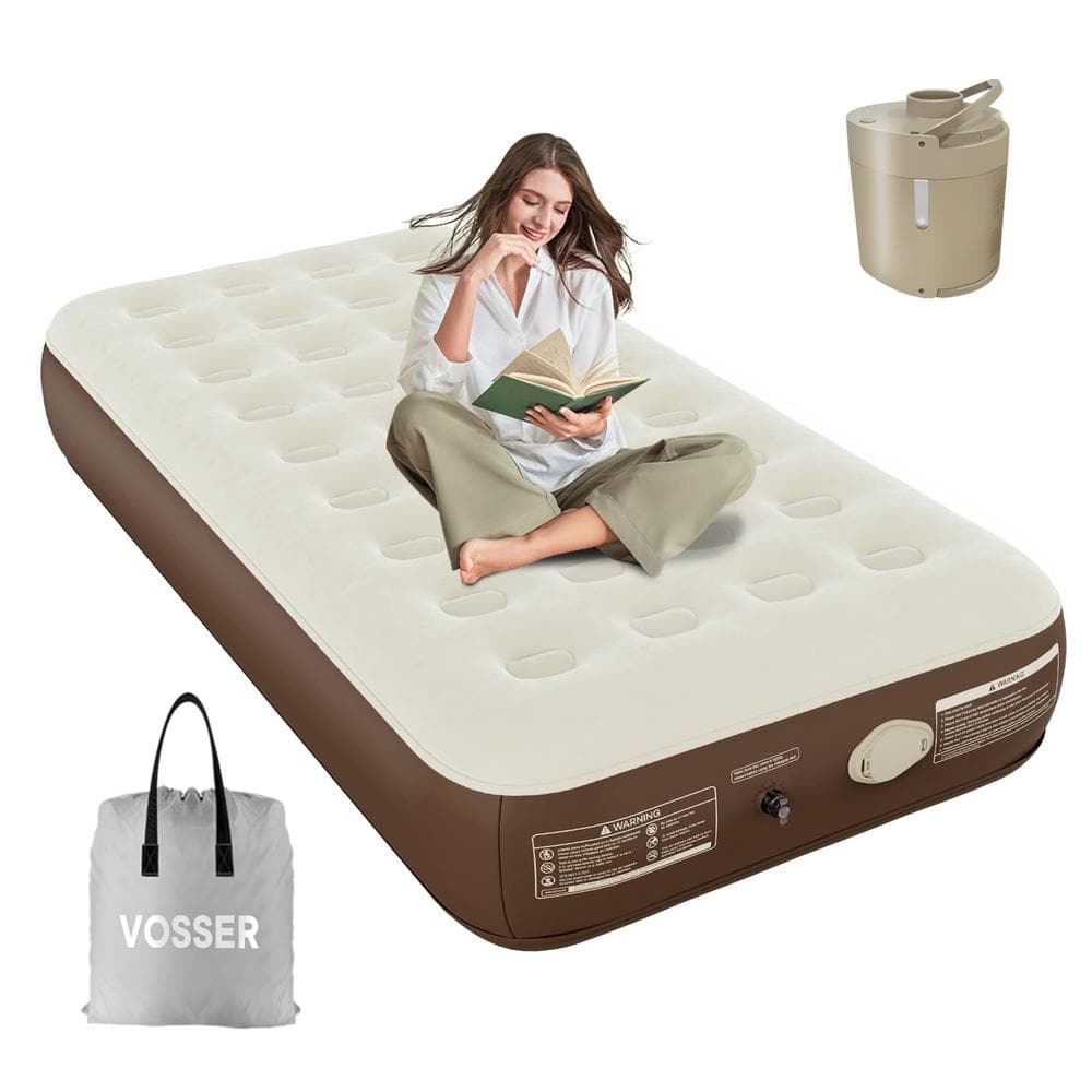 13 in. Khaki Twin Air Mattress with Built-in Pump, Blow Up Mattress with Co
