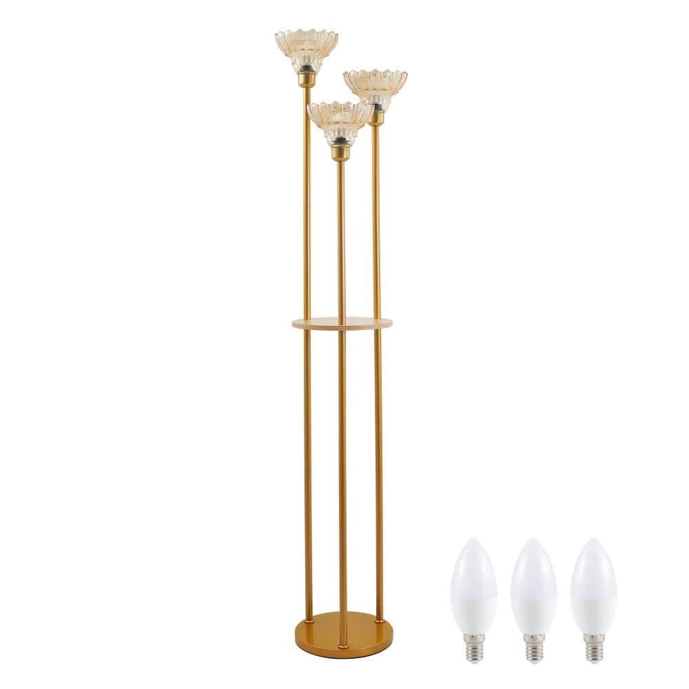 "62.2"" Gold 3-Light Floor Lamp, Amber Glass Shade, 3000K Warm Light with Side Table and Foot Switch for Bedroom" price history on PriceWatchPro