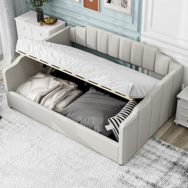 Harper & Bright Designs White Full Size Wood Frame Linen Upholstered Daybed with Underneath Storage